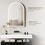 Miroir de salle de bain LED 90 x 60cm, mural, 3 couleurs, arqué cadre en aluminium, désembuage et interrupteur tactile
