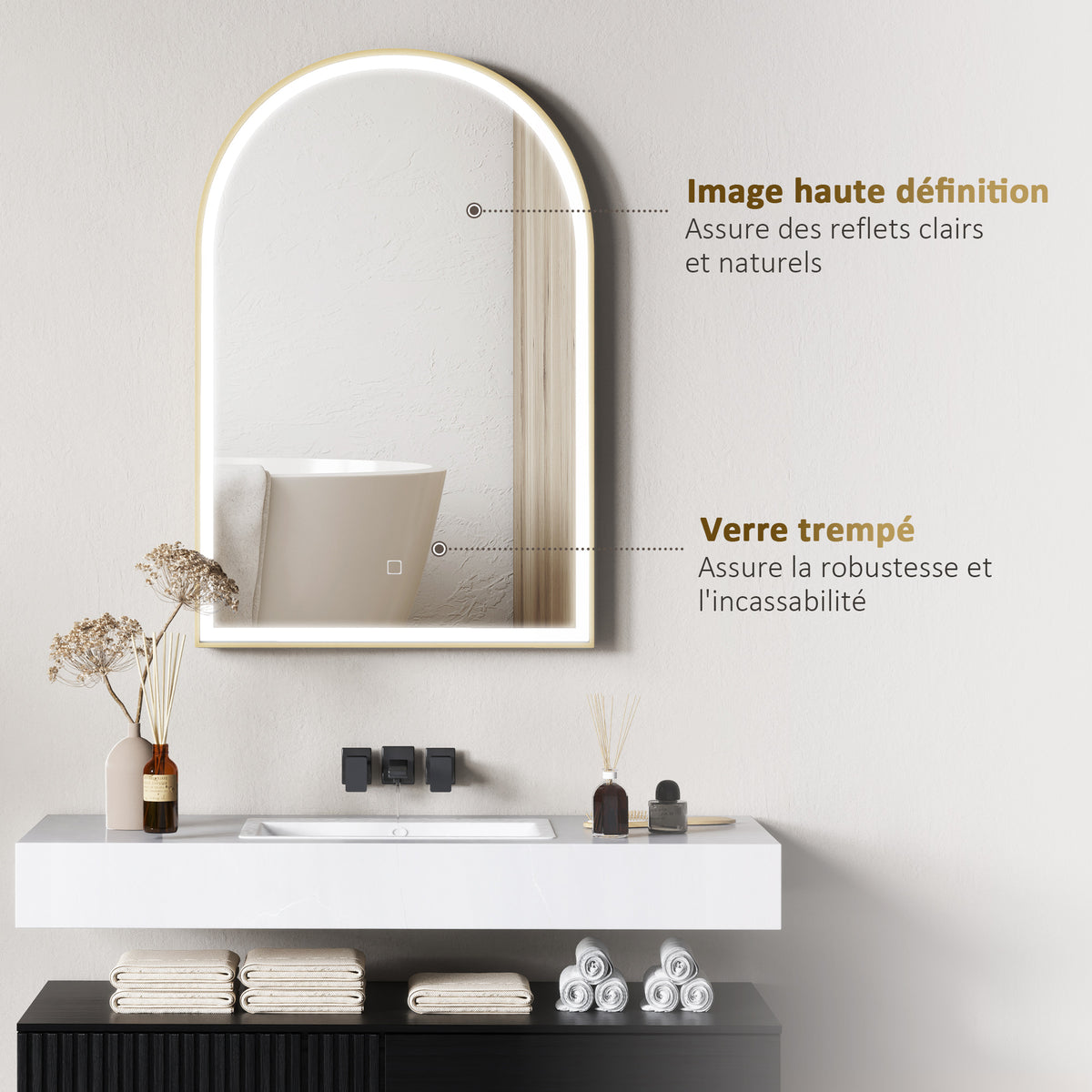 Miroir de salle de bain LED 90 x 60cm, mural, 3 couleurs, arqué cadre en aluminium, désembuage et interrupteur tactile