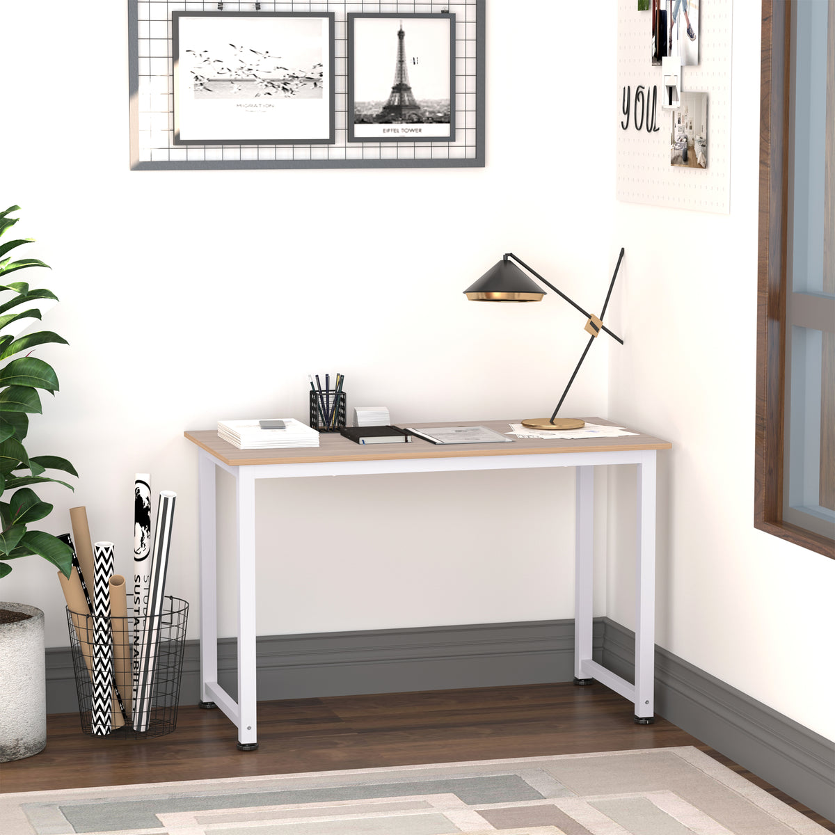 Bureau d'ordinateur  120L x 60l x 76H cm chêne et Blanc Multifonction Grand Plateau Cadre Robuste en métal