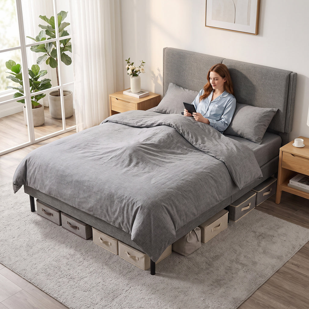 Cadre de Lit 140 x 190 cm avec Sommier et Tête Réglable, Lit Double Rembourré en Lin, Rangement au-dessous, Gris