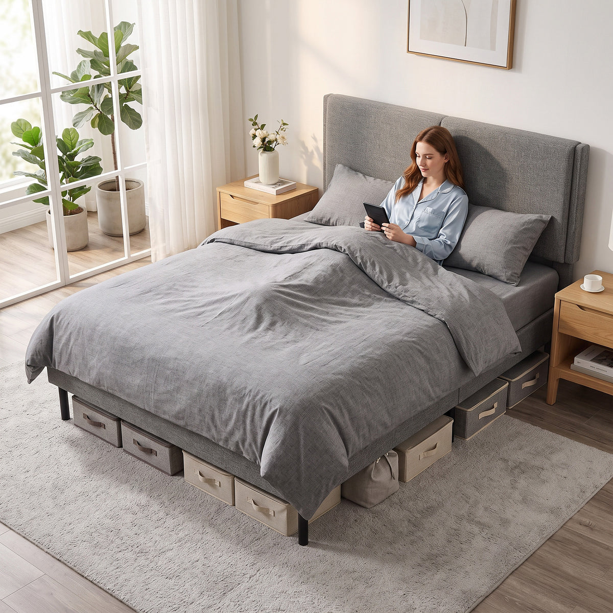 Cadre de Lit 140 x 190 cm avec Sommier et Tête Réglable, Lit Double Rembourré en Lin, Rangement au-dessous, Gris