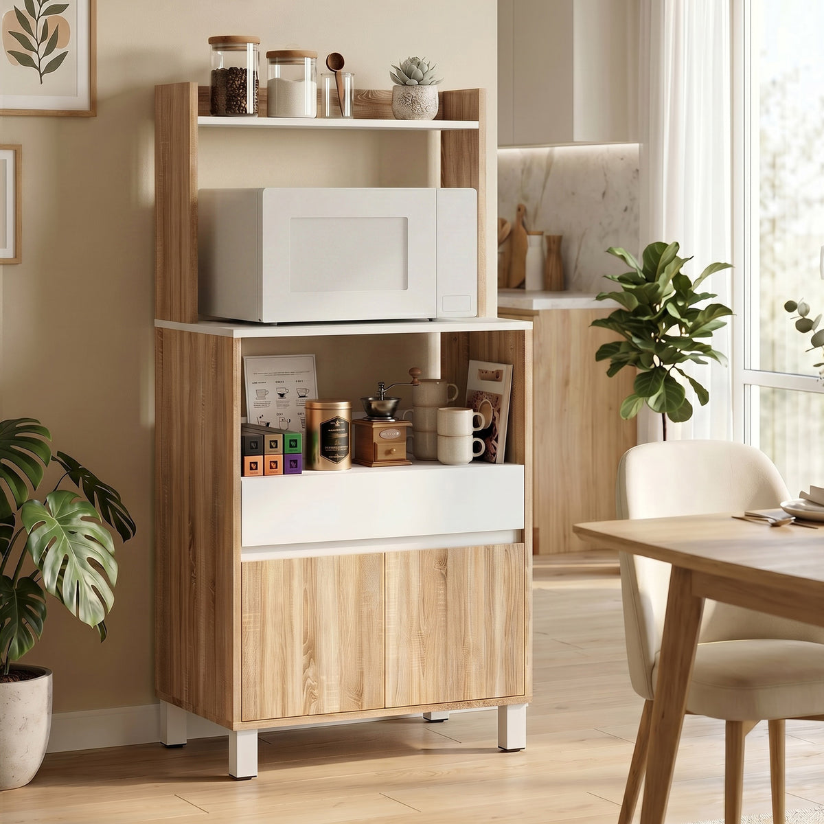 Meuble Micro-Ondes, Buffet Cuisine avec Tiroir, 2 Portes à Fermeture Douce, Plan de Travail et Étagères Ouvertes, Chêne