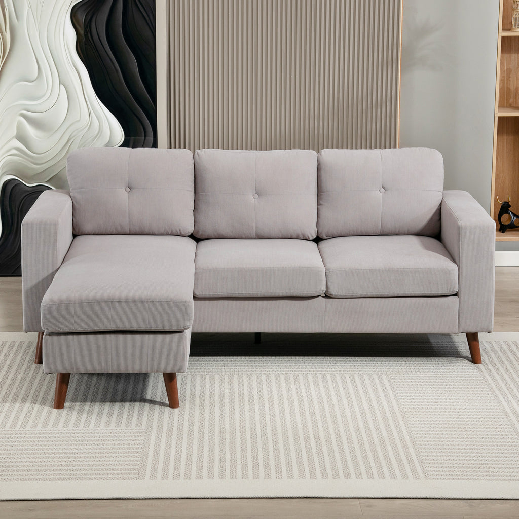 Canapé d'angle réversible en velours côtelé, canapé 3 places avec méridienne, cadre en acier, 192x137x84cm, gris clair