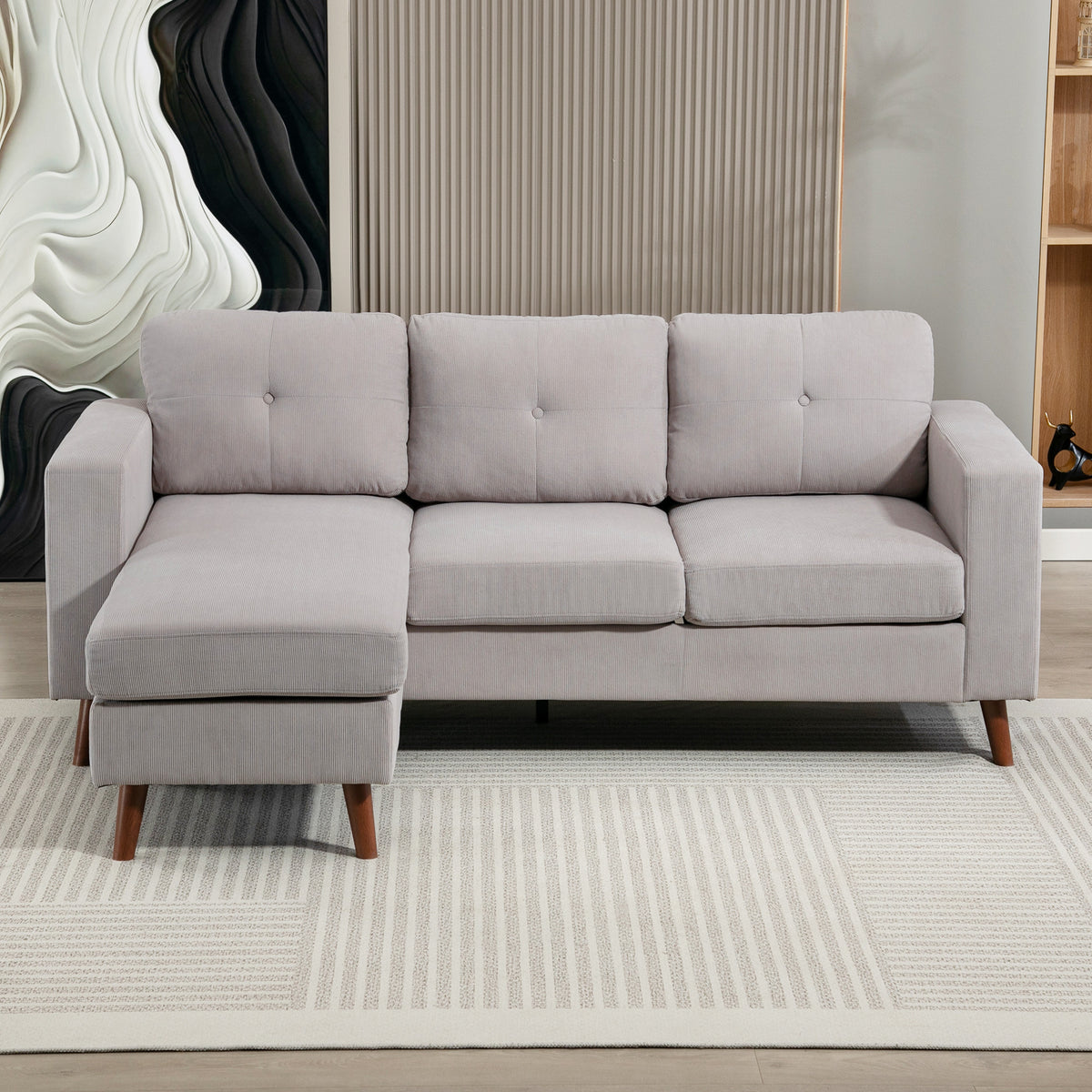 Canapé d'angle réversible en velours côtelé, canapé 3 places avec méridienne, cadre en acier, 192x137x84cm, gris clair