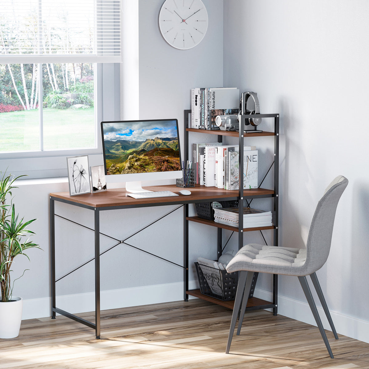 Bureau d'angle avec rangement design Industriel avec bibliothèque 3 étagères panneaux particules aspect noyer
