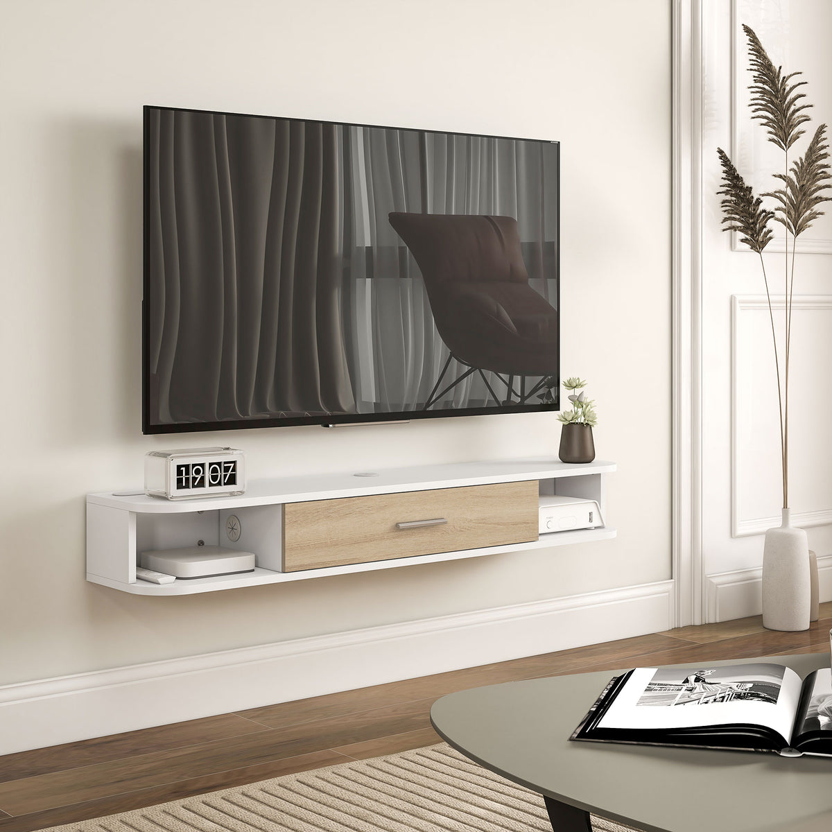 Meuble TV mural banc TV jusqu'à 50 pouces avec compartiments ouverts et armoire à porte rabattable blanc