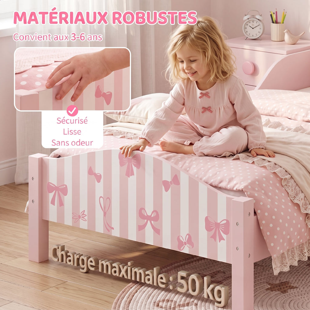Lit Enfant 70 x 140 cm, Lit pour Enfant avec Barrière de Sécurité et Sommier à Lattes en Bois, Motif Nœud, Rose