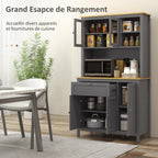 Armoire de cuisine buffet cuisine 5 portes dont 2 portes vitrées et 1 tiroir, 1 niche centrale - hauteur 180 cm gris