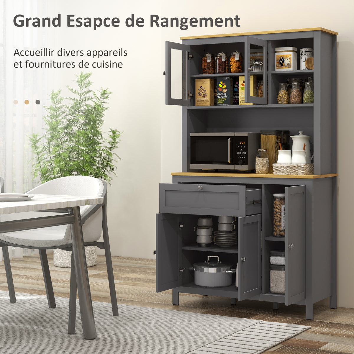 Armoire de cuisine buffet cuisine 5 portes dont 2 portes vitrées et 1 tiroir, 1 niche centrale - hauteur 180 cm gris