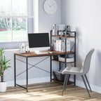 Bureau d'angle avec rangement design Industriel avec bibliothèque 3 étagères panneaux particules aspect noyer