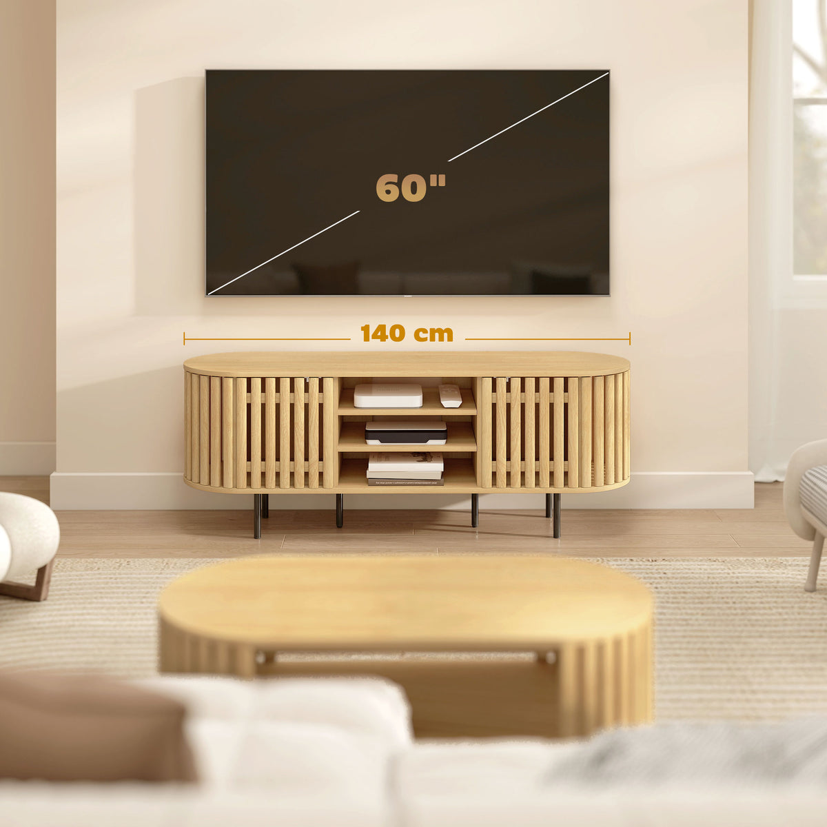 Meuble TV, meuble télé pour téléviseur 60 pouces, 2 portes à lattes, 140x40x52cm, bois naturel