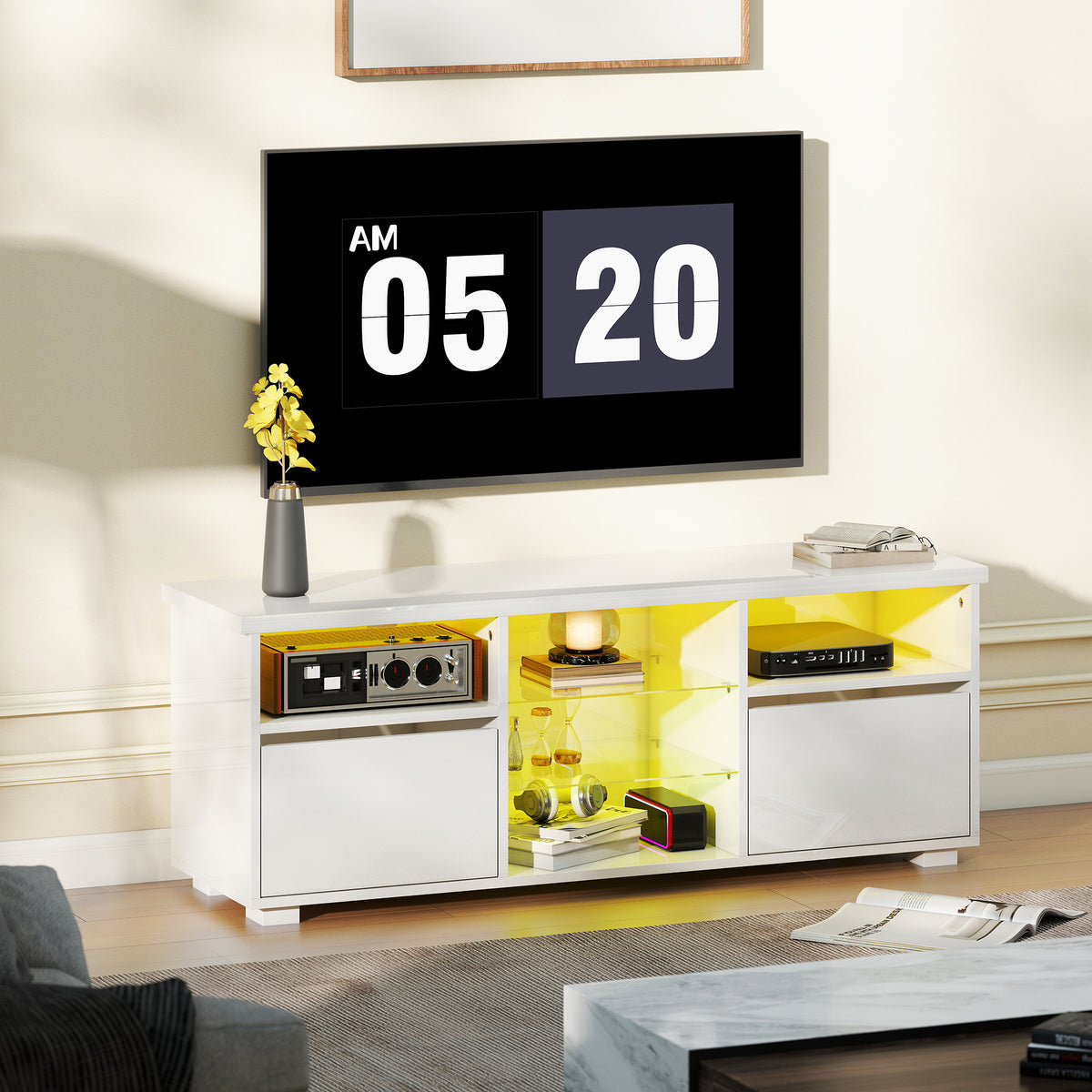 Meuble TV 120 cm, meuble télé pour téléviseur jusqu'à 55 pouces éclairage LED et télécommande étagères en verre blanc