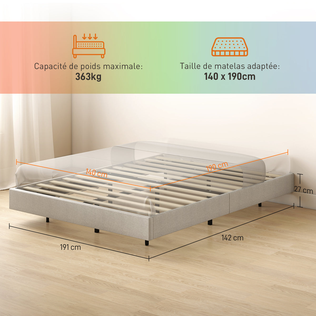 Cadre de lit flottant 140 x 190 cm avec éclairage LED, lit double rembourré en lin, sommier à lattes en bois, beige
