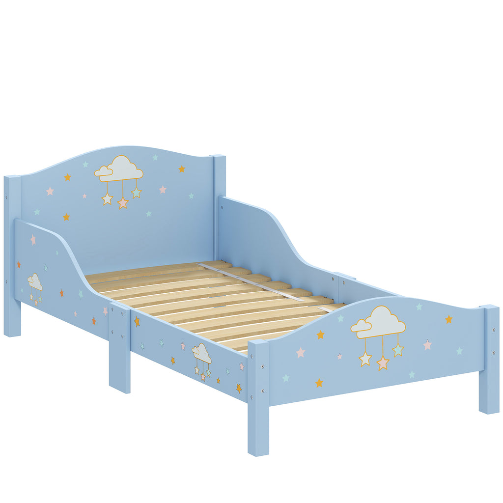 Lit Enfant 70 x 140 cm, Lit pour Enfant avec Barrière de Sécurité et Sommier à Lattes en Bois, Motif Nuage, Bleu