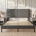 Cadre de Lit 140 x 190 cm avec Sommier et Tête Réglable, Lit Double Rembourré en Lin, Rangement au-dessous, Gris