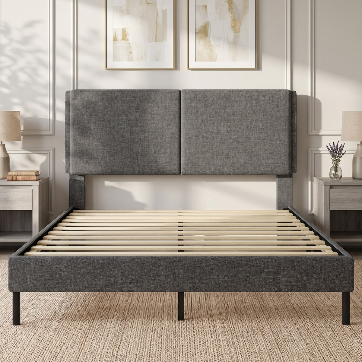 Cadre de Lit 140 x 190 cm avec Sommier et Tête Réglable, Lit Double Rembourré en Lin, Rangement au-dessous, Gris