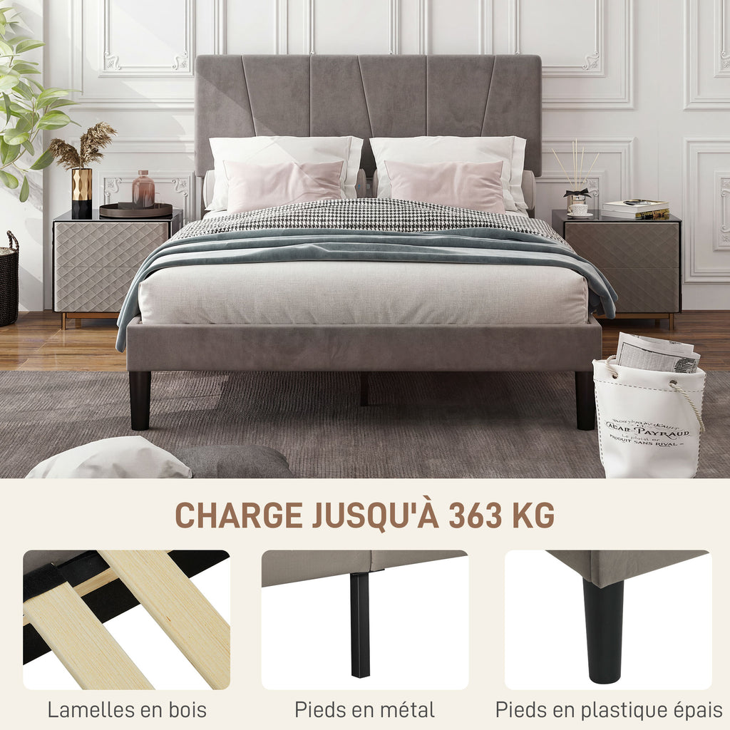 Cadre de lit double 140 x 190 cm lit 2 personnes tête de lit réglable sommier 150 x 198 x 100/105/110/115/120 cm gris