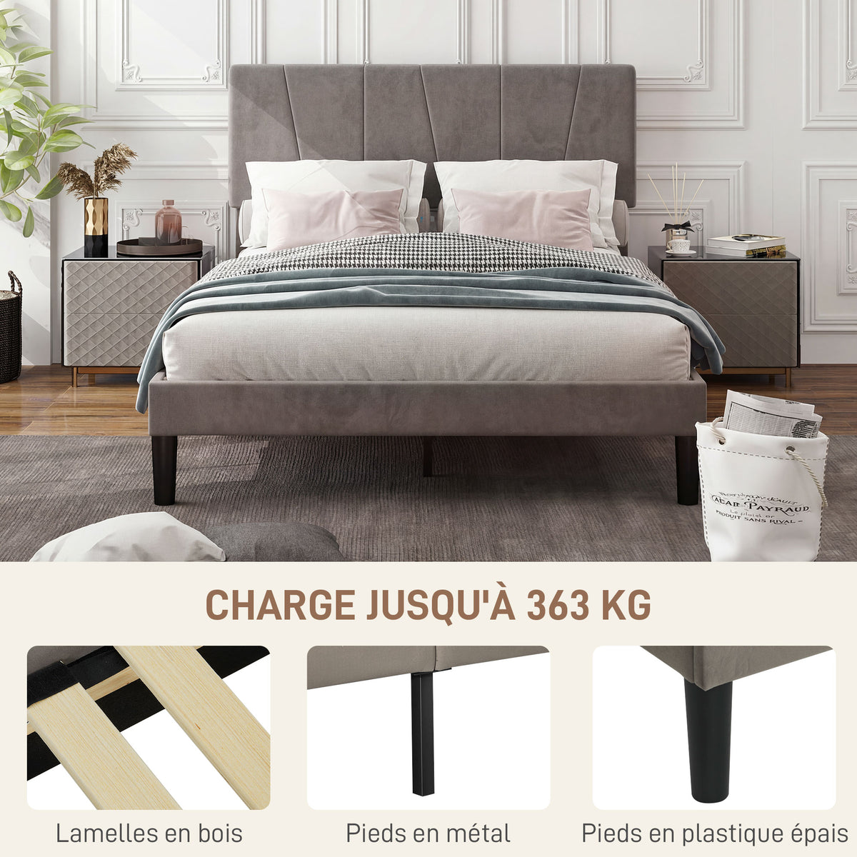 Cadre de lit double 140 x 190 cm lit 2 personnes tête de lit réglable sommier 150 x 198 x 100/105/110/115/120 cm gris