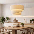 Suspension Luminaire à 3 Abat-Jour Effet Lin, Ampoule Non Incluse E14 40 W, Câble Réglable, Rosace Dorée, Beige
