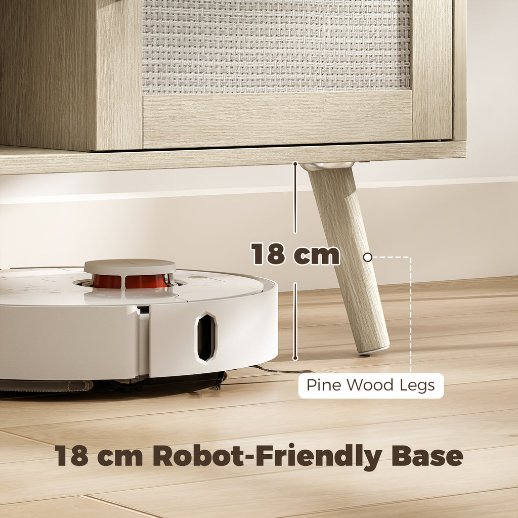 Meuble TV d'Angle 115 cm, Meuble Télé pour Téléviseur jusqu'à 65 Pouces, 2 Portes en Rotin  2 Compartiments, Chêne