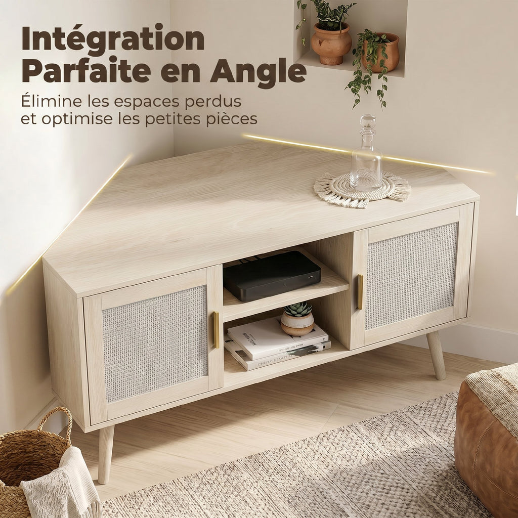 Meuble TV d'Angle 115 cm, Meuble Télé pour Téléviseur jusqu'à 65 Pouces, 2 Portes en Rotin  2 Compartiments, Chêne