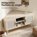 Meuble TV d'Angle 115 cm, Meuble Télé pour Téléviseur jusqu'à 65 Pouces, 2 Portes en Rotin  2 Compartiments, Chêne