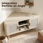 Meuble TV d'Angle 115 cm, Meuble Télé pour Téléviseur jusqu'à 65 Pouces, 2 Portes en Rotin  2 Compartiments, Chêne