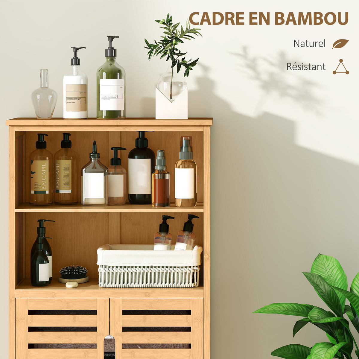 Meuble de rangement salle de bain en bambou avec 2 portes ajourées et 2 compartiments 50 x 29 x 92 cm naturel