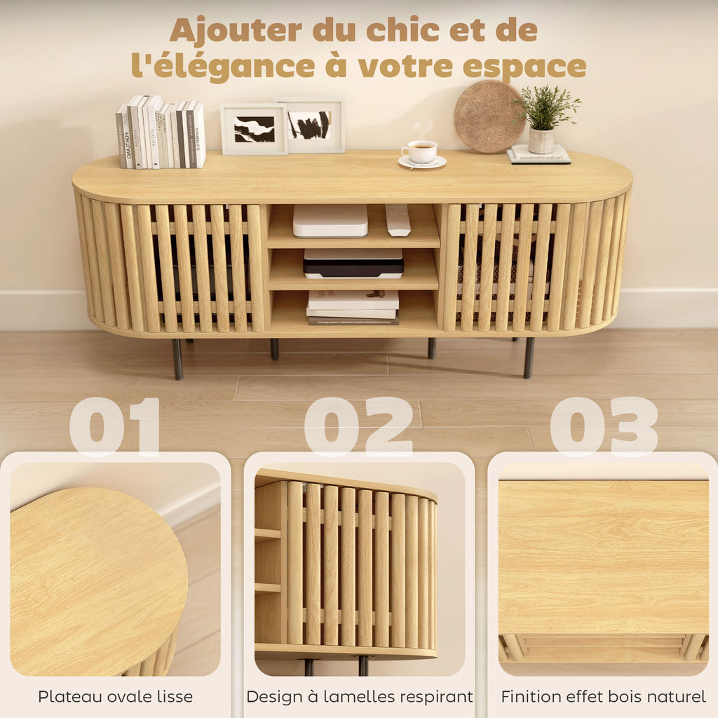 Meuble TV, meuble télé pour téléviseur 60 pouces, 2 portes à lattes, 140x40x52cm, bois naturel