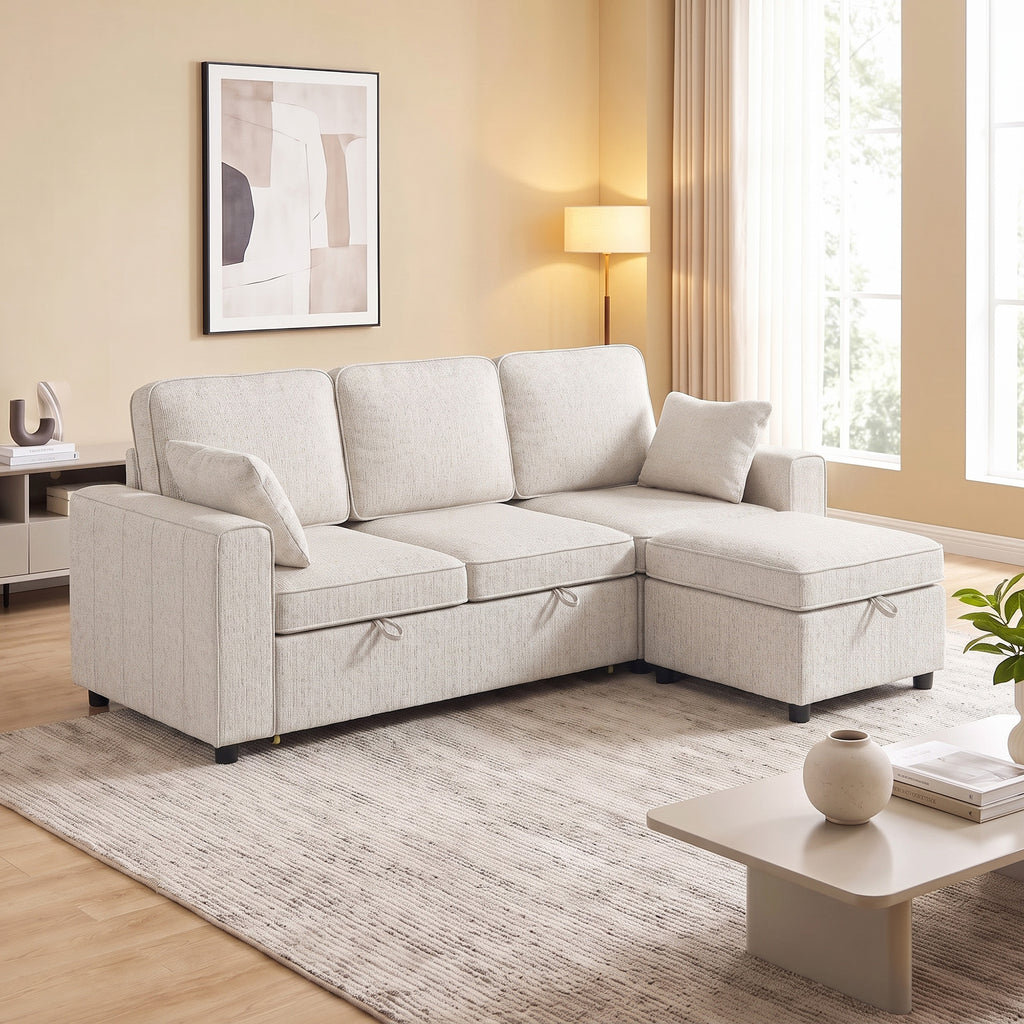 Canapé d'Angle Convertible en Chenille, Canapé-Lit 3 Places Modulaire 225 cm avec Pouf de Rangement, Beige