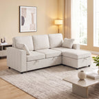 Canapé d'Angle Convertible en Chenille, Canapé-Lit 3 Places Modulaire 225 cm avec Pouf de Rangement, Beige