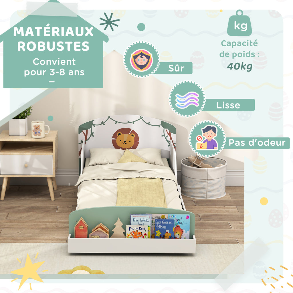 Lit enfant 70 x 140 cm, lit pour enfant avec barriere de securite et sommier à lattes, espace de rangement, vert