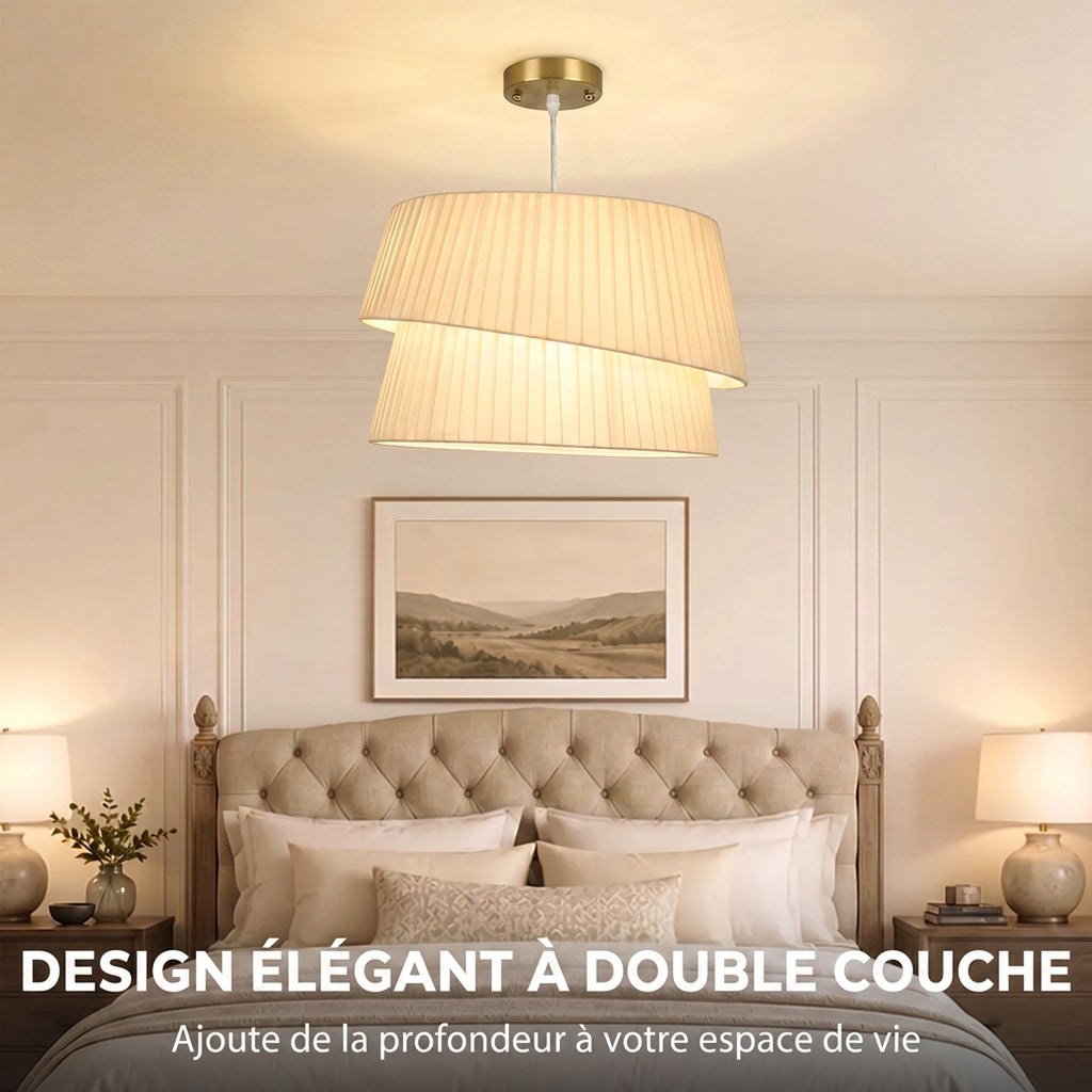 Suspension Luminaire Élégante à Double Abat-Jour, Rosace Dorée, Câble Réglable, Ampoule Non Incluse E14 40 W, Blanc