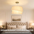 Suspension Luminaire Élégante à Double Abat-Jour, Rosace Dorée, Câble Réglable, Ampoule Non Incluse E14 40 W, Blanc