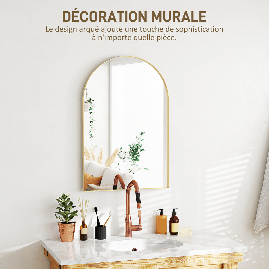 Miroir mural arqué miroir de salle de bain avec cadre en alliage d'aluminium pour chambre salon entrée 60 × 90 cm or
