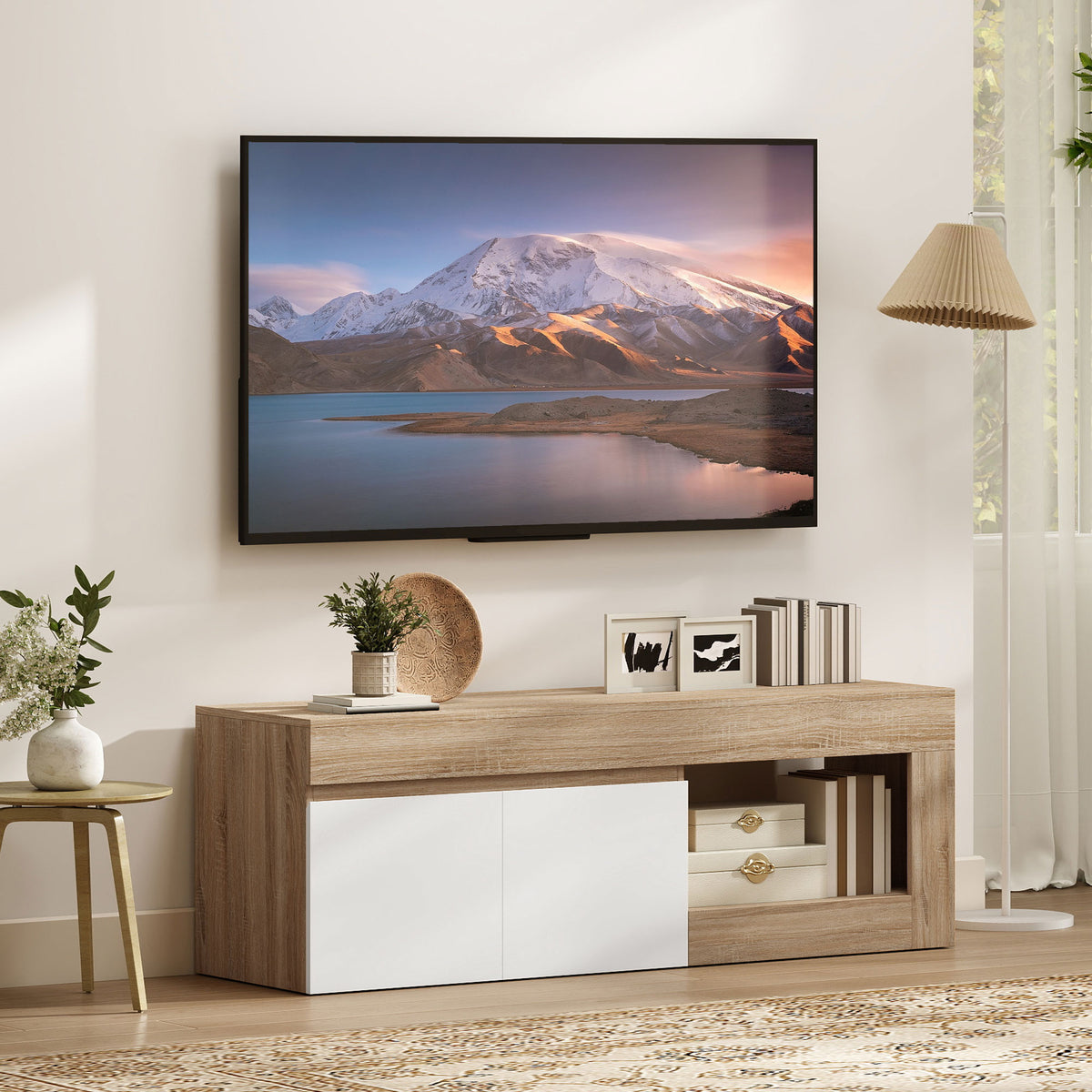 Meuble TV 2 portes pour téléviseurs jusqu'à 60 pouces, meuble télé avec placard et étagère ouverte, effet bois naturel
