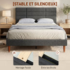 Cadre de Lit 140 x 200 cm avec Sommier Bois, Lit Double Rembourré en Effet Lin, Rangement au-dessous, Sans Bruit, Gris