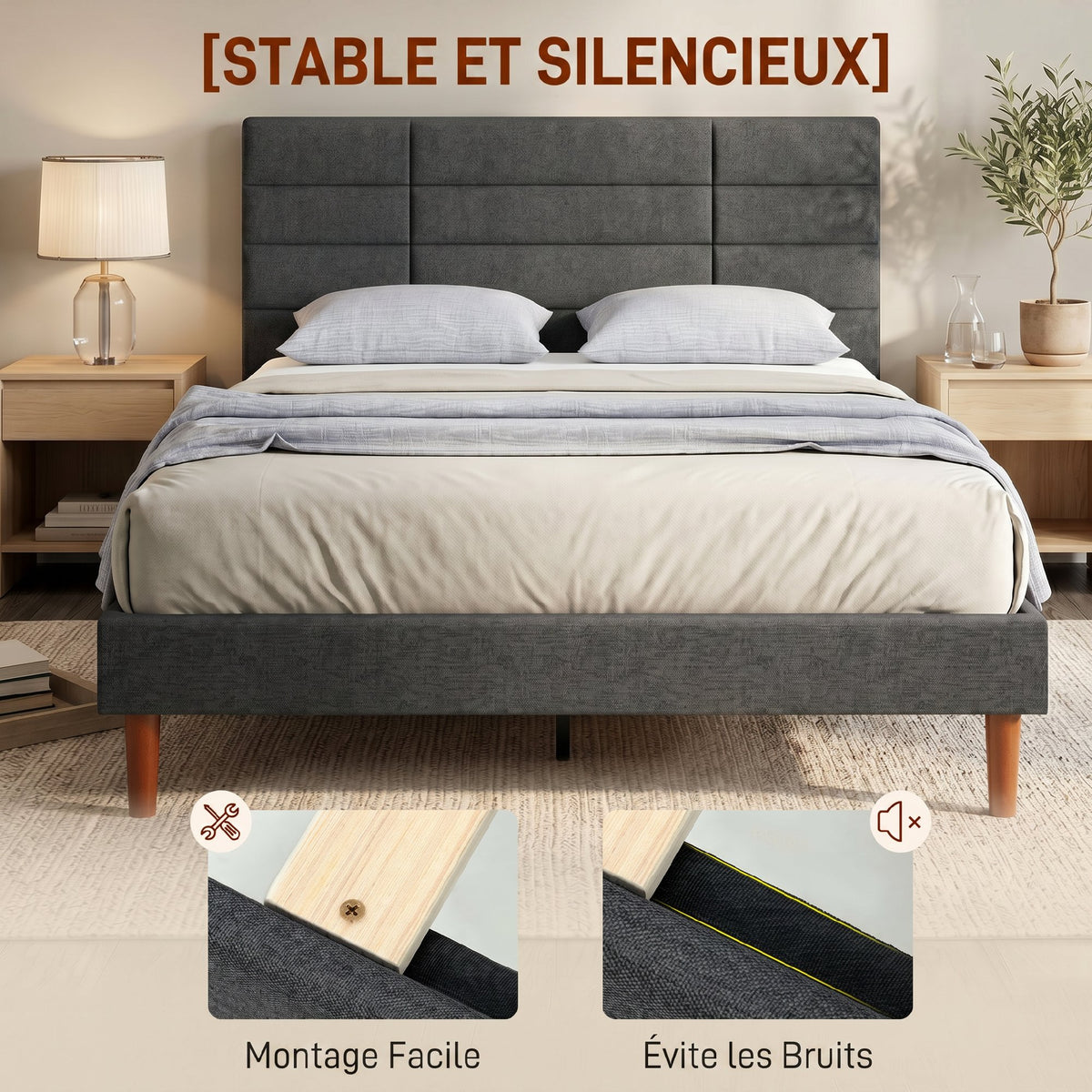 Cadre de Lit 140 x 200 cm avec Sommier Bois, Lit Double Rembourré en Effet Lin, Rangement au-dessous, Sans Bruit, Gris