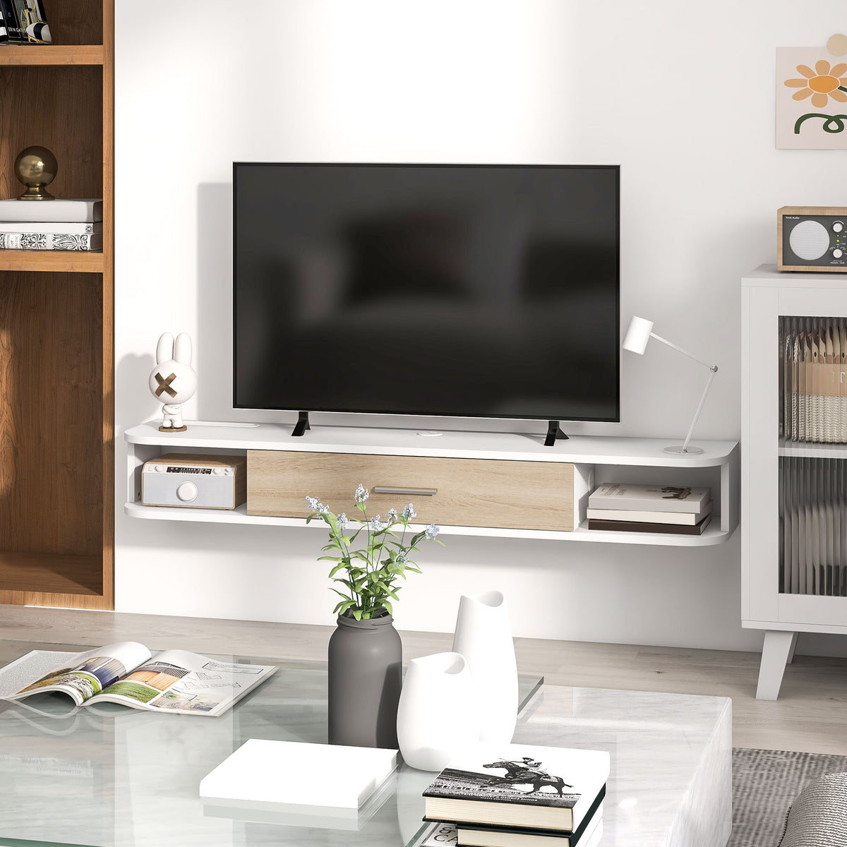 Meuble TV mural banc TV jusqu'à 50 pouces avec compartiments ouverts et armoire à porte rabattable blanc