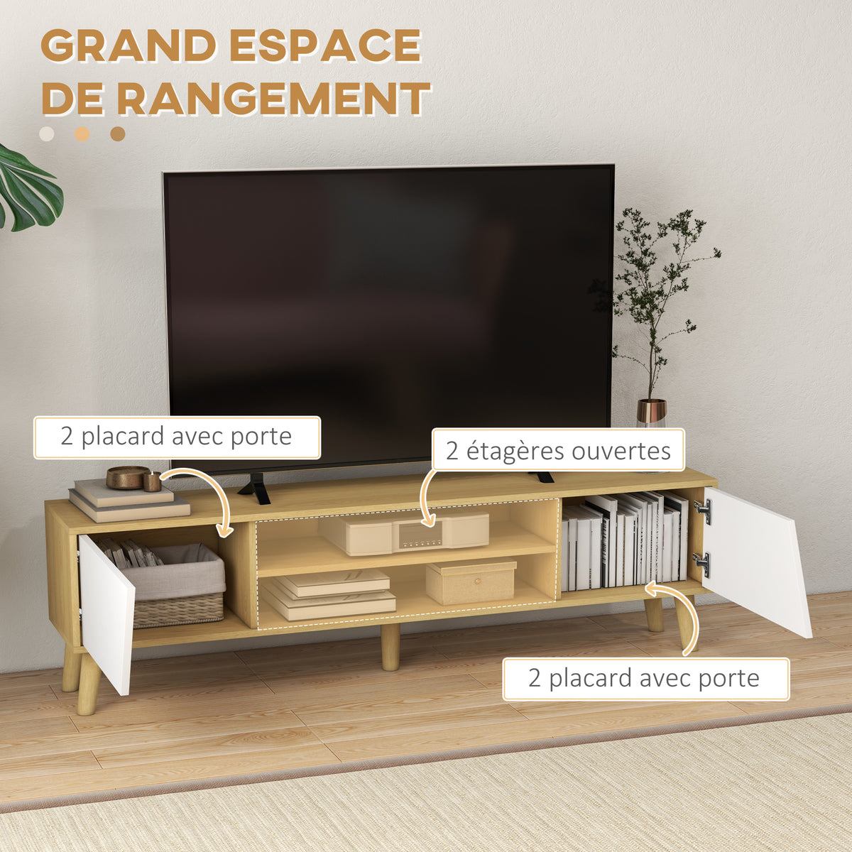 Meuble TV Scandinave 150 cm – 2 Portes, 2 Niches, Passe-Câbles – Pour TV jusqu'à 65"