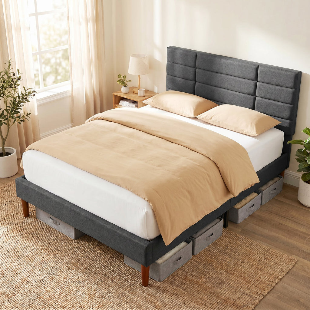 Cadre de Lit 140 x 200 cm avec Sommier Bois, Lit Double Rembourré en Effet Lin, Rangement au-dessous, Sans Bruit, Gris