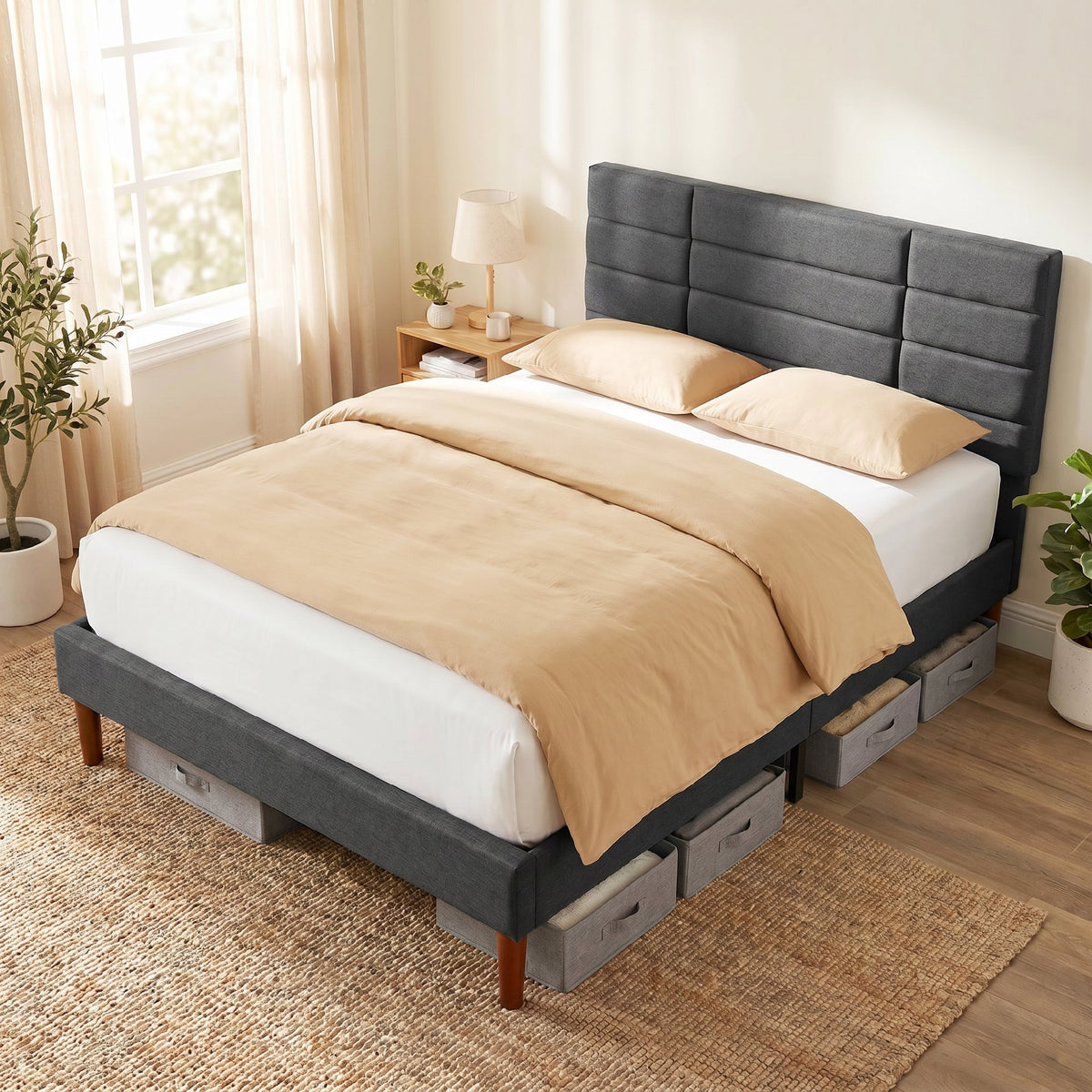 Cadre de Lit 140 x 200 cm avec Sommier Bois, Lit Double Rembourré en Effet Lin, Rangement au-dessous, Sans Bruit, Gris