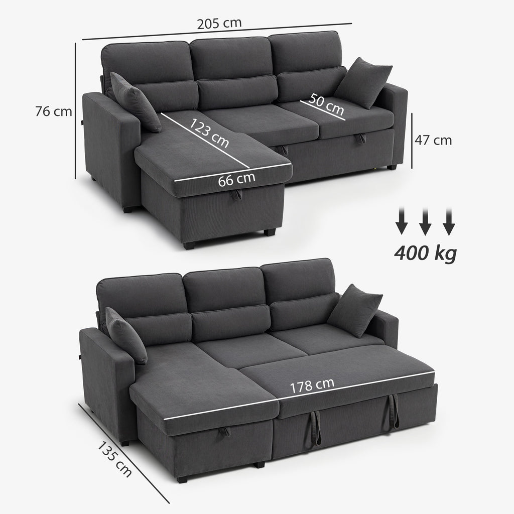 Canapé d'angle convertible en velours côtelé, canapé-lit 3 places avec rangement caché, coussins, 205x135x76cm, gris