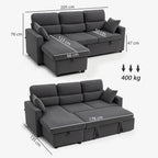 Canapé d'angle convertible en velours côtelé, canapé-lit 3 places avec rangement caché, coussins, 205x135x76cm, gris