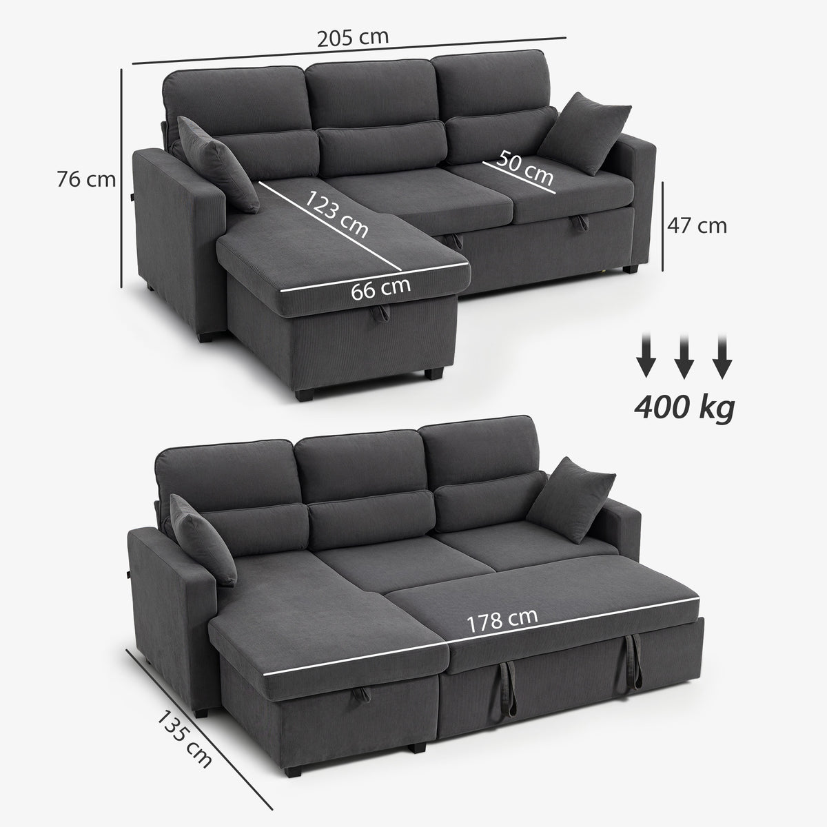 Canapé d'angle convertible en velours côtelé, canapé-lit 3 places avec rangement caché, coussins, 205x135x76cm, gris