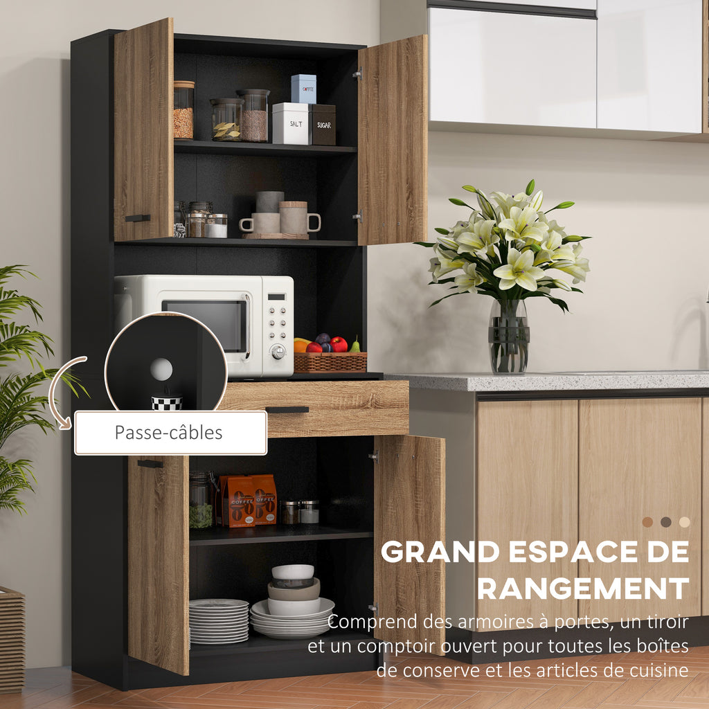 Armoire de cuisine Buffet meuble de rangement, 2 placards 4 portes 1 tiroir, passe-câbles 80L x 40P x 180H cm