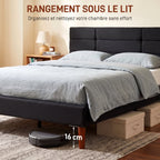 Cadre de Lit 140 x 200 cm avec Sommier Bois, Lit Double Rembourré en Effet Lin, Rangement au-dessous, Sans Bruit, Noir