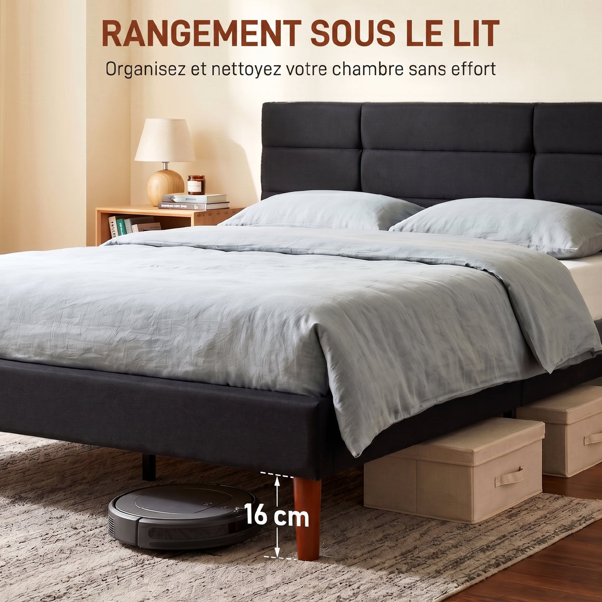 Cadre de Lit 140 x 200 cm avec Sommier Bois, Lit Double Rembourré en Effet Lin, Rangement au-dessous, Sans Bruit, Noir