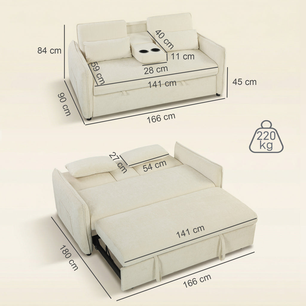 Canapé convertible 2 places 3 en 1, canapé-lit clic clac en chenille avec dossier réglable, porte-gobelets, beige