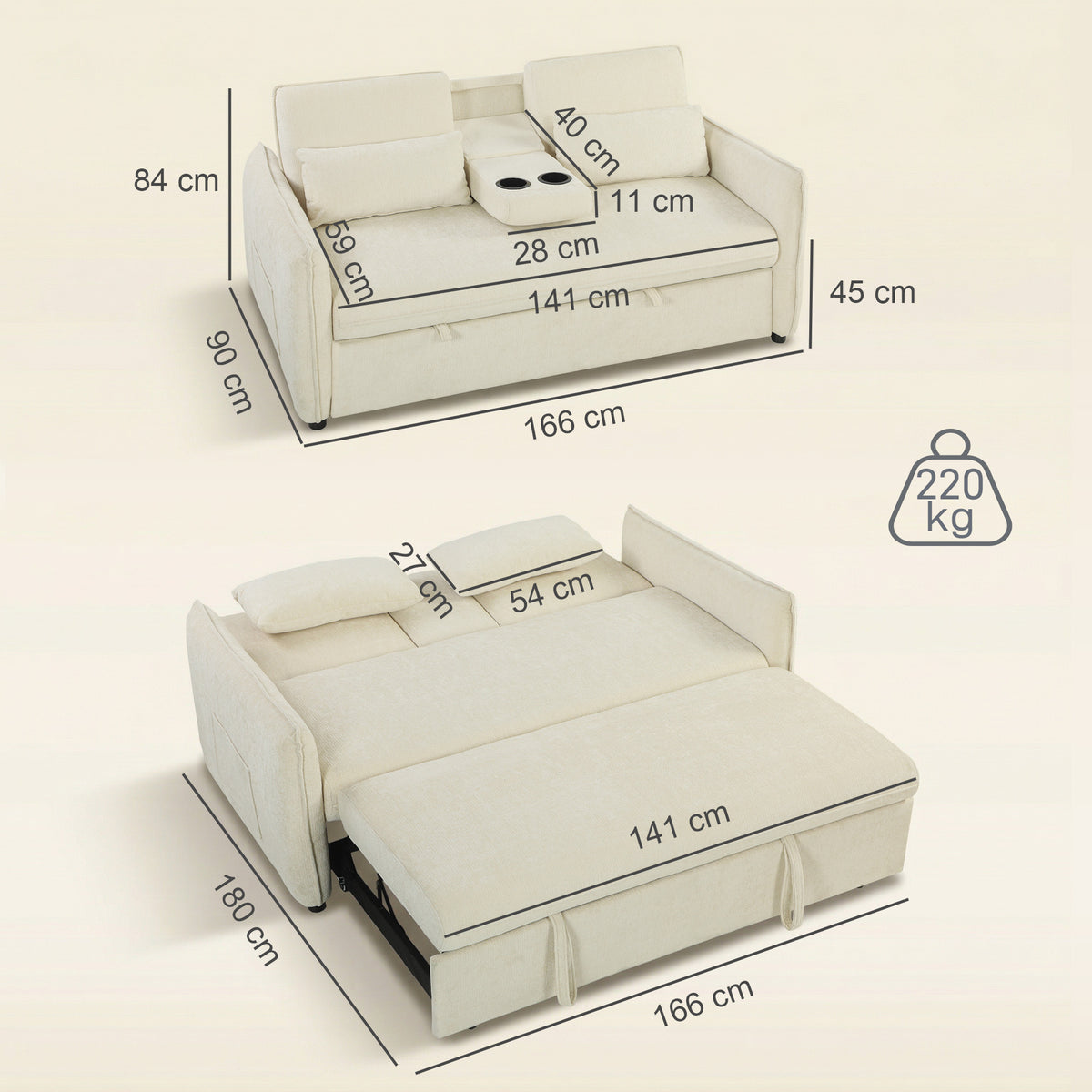 Canapé convertible 2 places 3 en 1, canapé-lit clic clac en chenille avec dossier réglable, porte-gobelets, beige